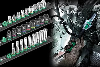 Magnetic socket rails (1/4&quot;, 3/8&quot;, 1/2&quot;) with manual and machine sockets. A smooth rotary mechanism ensures that the sockets are held securely and are easy to remove.