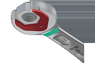 [Translate to Englisch:] Beim Joker Maul-Ringratschenschlüssel wird die Haltefunktion über eine im Maul befindliche Metallplatte sichergestellt.